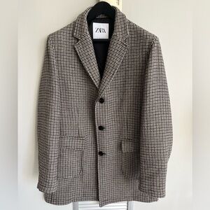 Zara Houndstooth Coat in Navy, Brown, and Tan